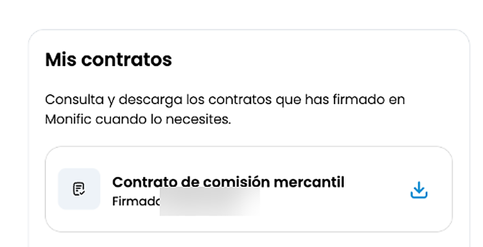 Contrato de comisión mercantil desplegado con el icono de descarga a la derecha