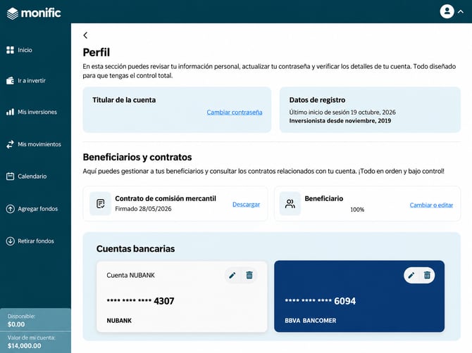 Panel de perfil Monific con cuentas bancarias